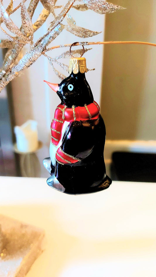 Vintage Hand Painted Glass Penguin Christmas Ornament - Czech Republic