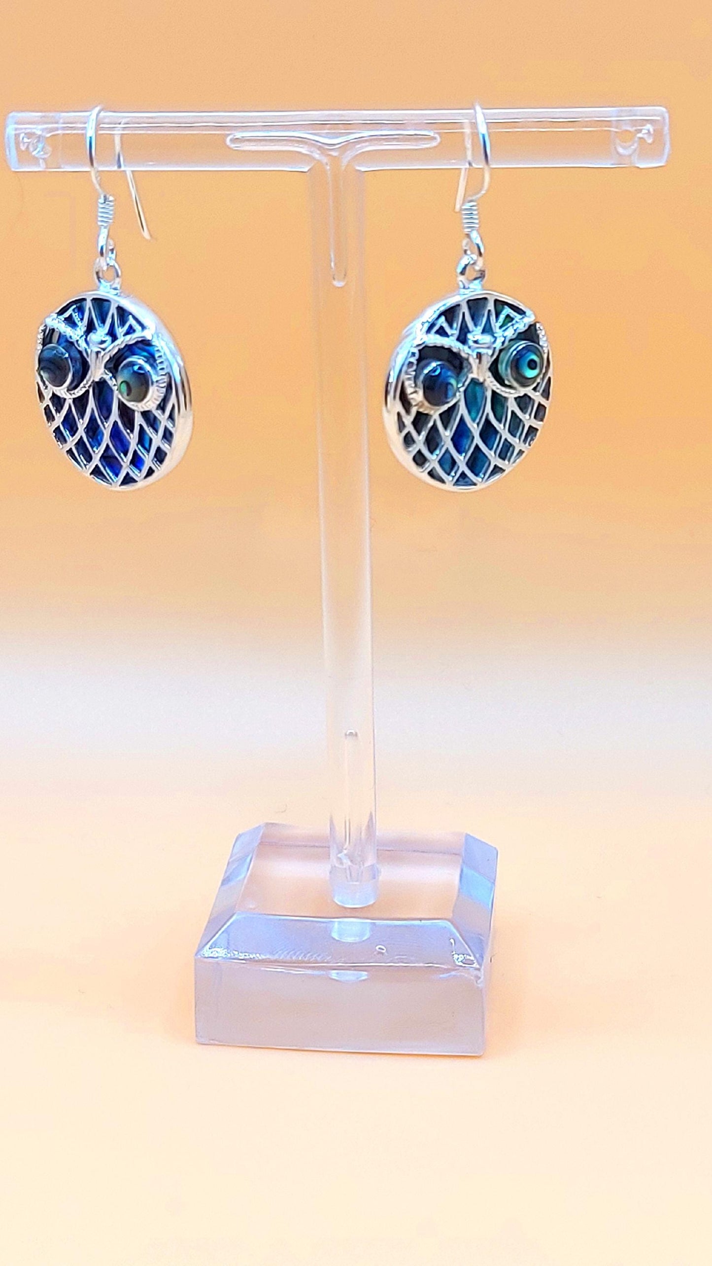 Silver Handmade Inlay Earrings Semi Precious Abalone Shell- Owl