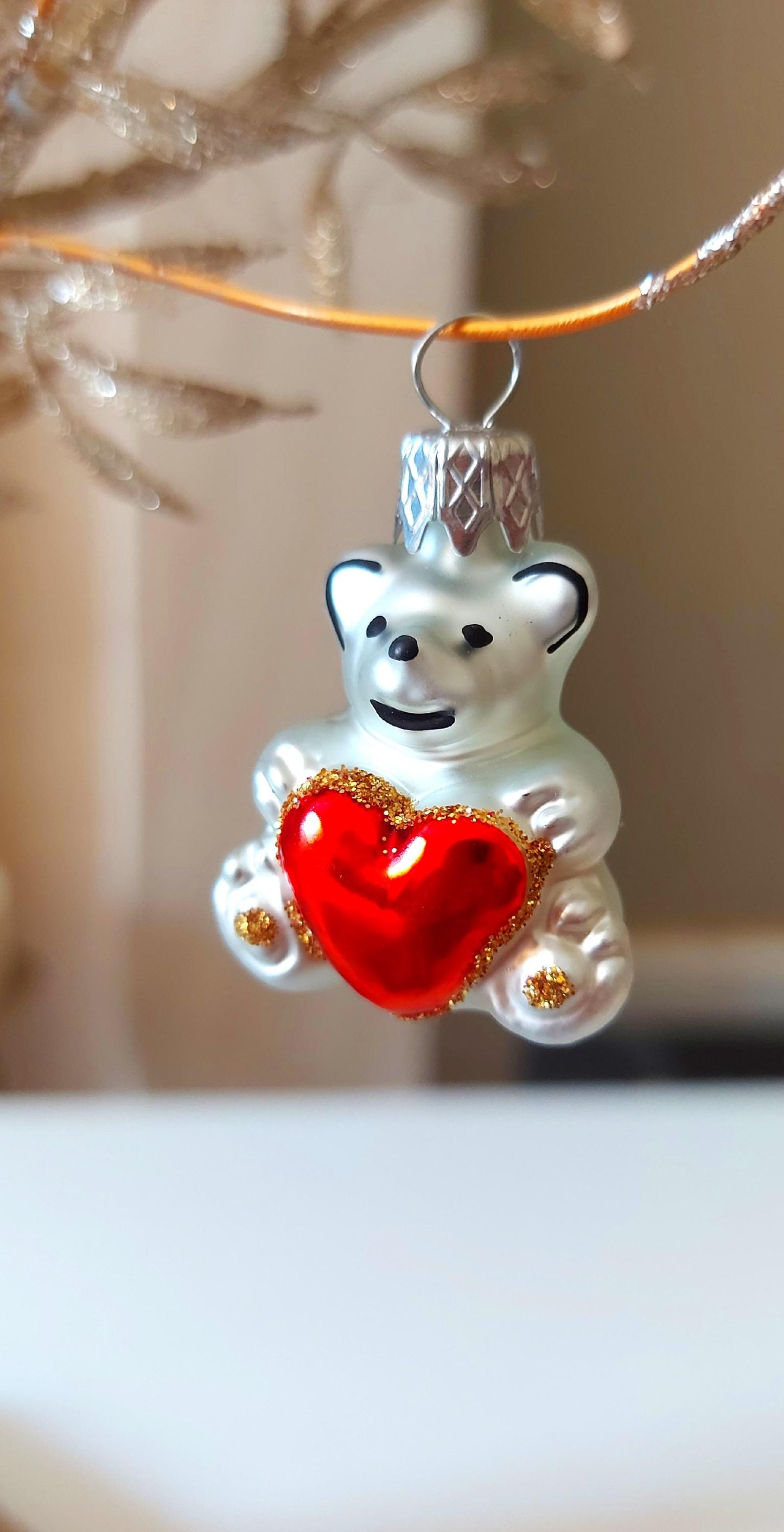 Vintage Czech Republic, Glass Blown, Hand Painted Christmas Tree Ornament - Heart Teddy ( x 2 )