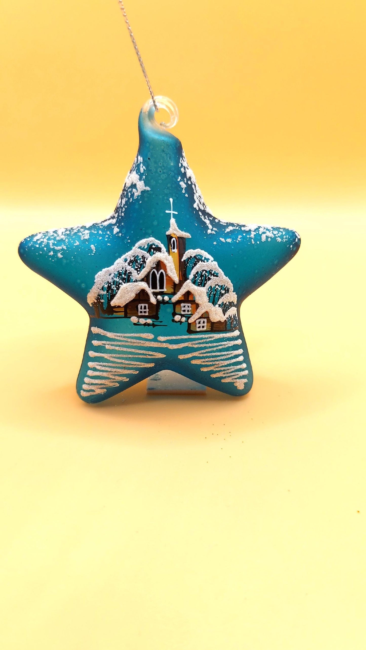 Vintage Czech Glass Christmas Ornament: Hand-Painted Blue Star, House Motif