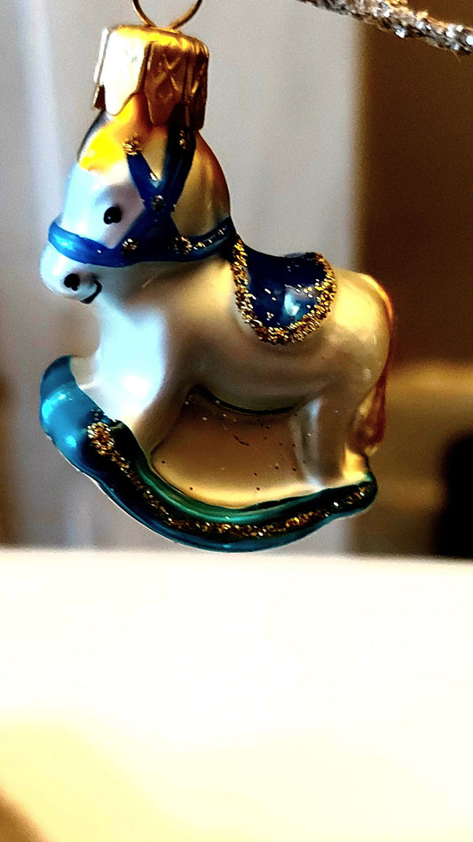Vintage Czech Glass Blown Rocking Horse Christmas Ornament Pair