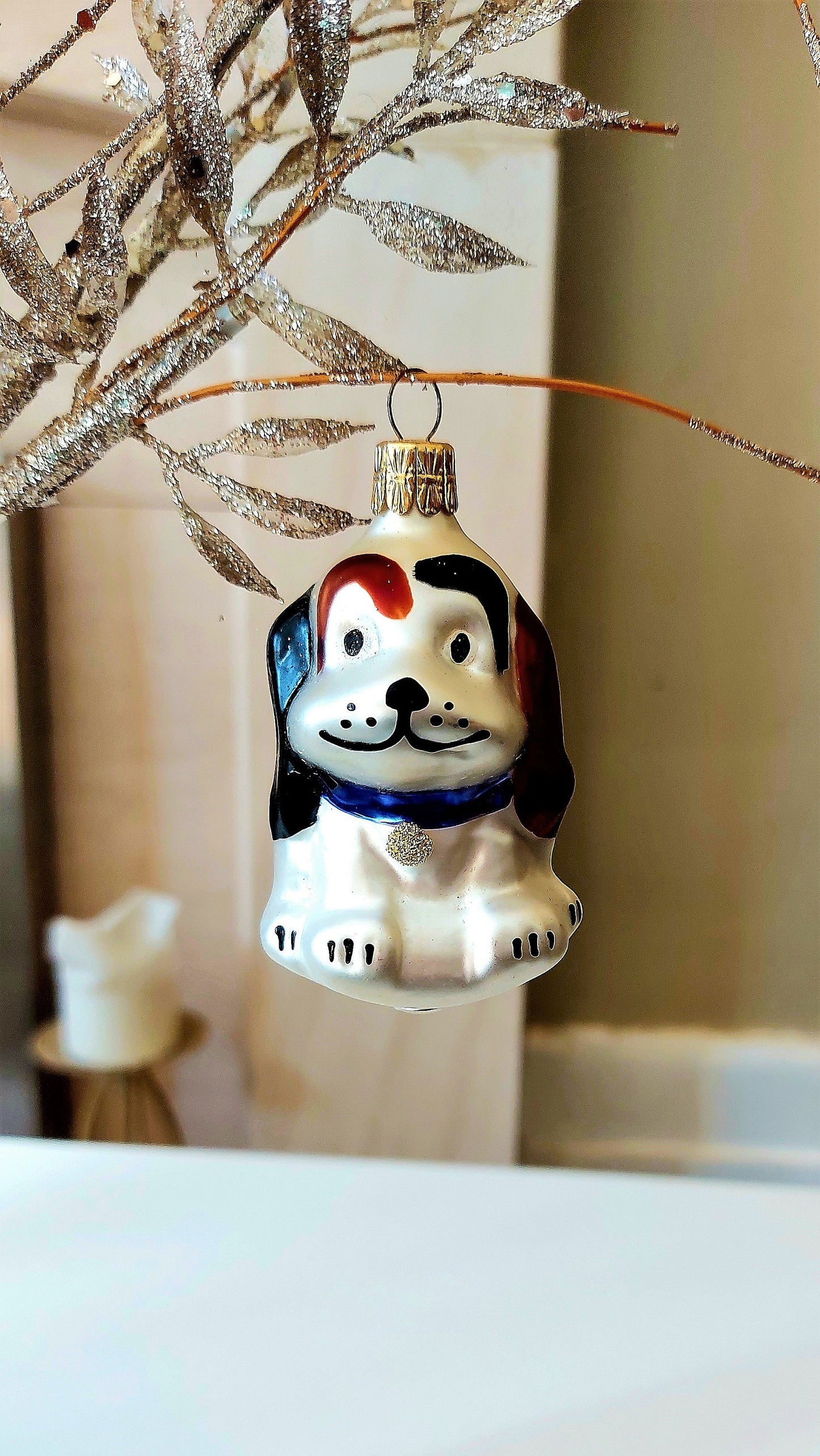 Vintage Czech Republic, Glass Blown, Hand Painted Christmas Tree Ornament - Dog