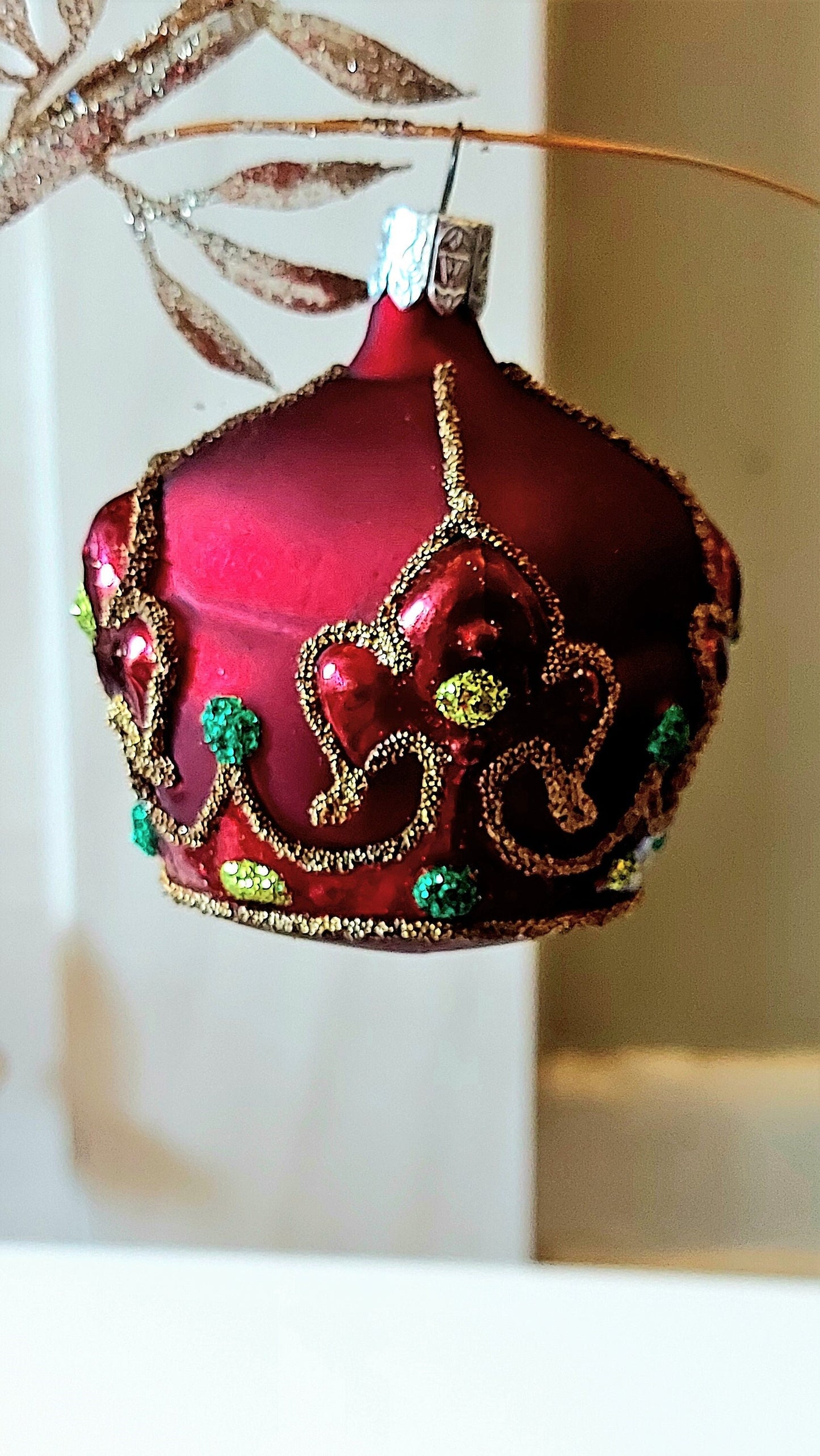 Vintage Czech Republic, Glass Blown, Hand Painted Christmas Tree Ornament - Crown