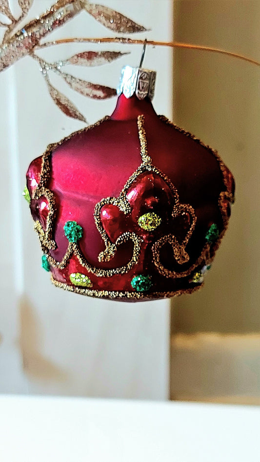 Vintage Czech Republic, Glass Blown, Hand Painted Christmas Tree Ornament - Crown