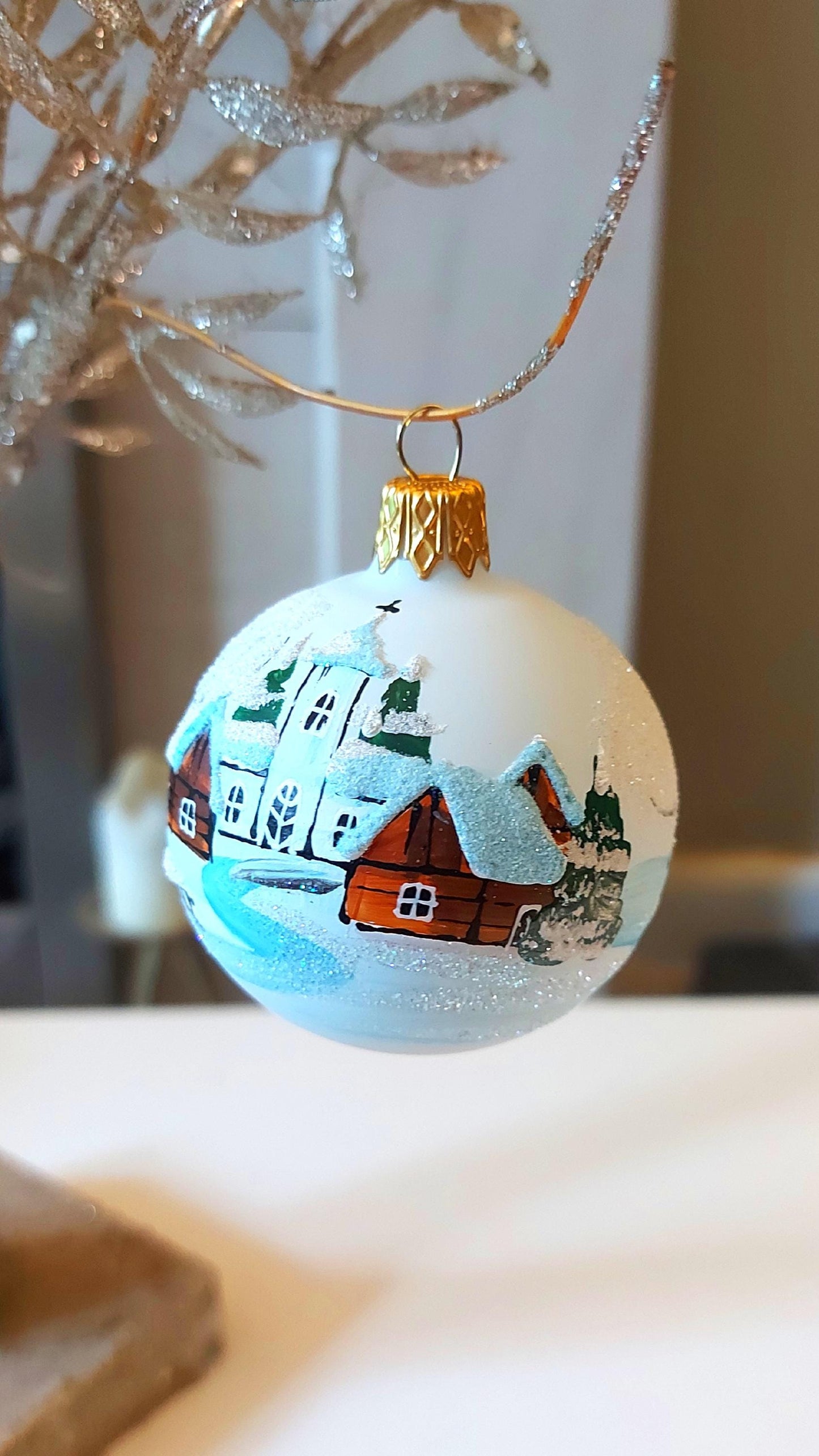 Vintage Czech Glass Christmas Ornament: Hand-Painted White Small Ball