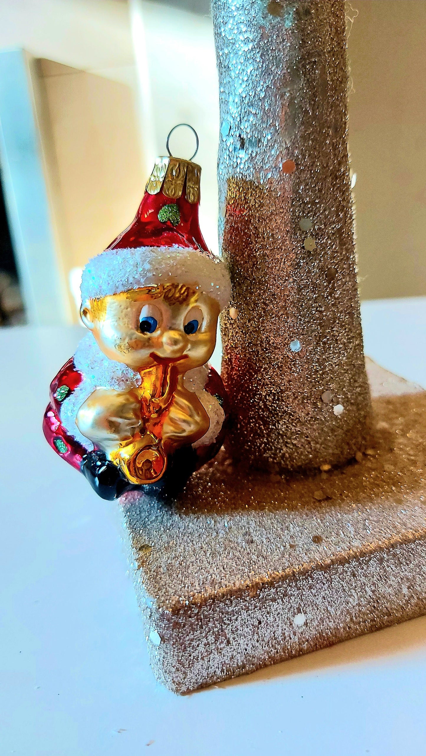 Vintage Czech Republic, Glass Blown, Hand Painted Christmas Tree Ornament - Gnome Musician