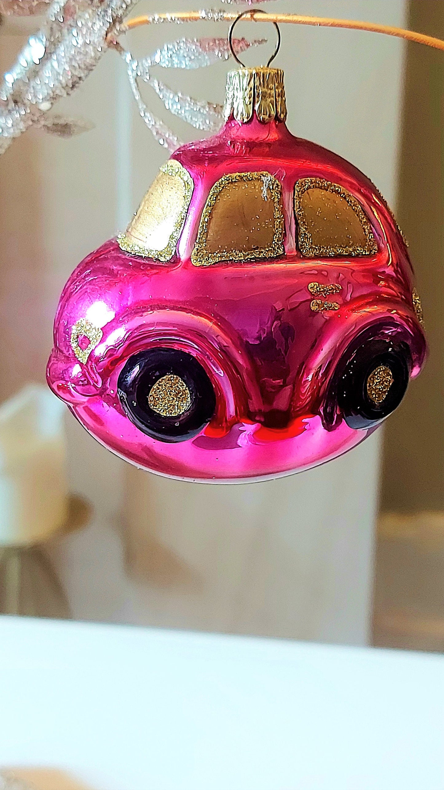 Vintage Czech Republic, Glass Blown, Hand Painted Christmas Tree Ornament - Car