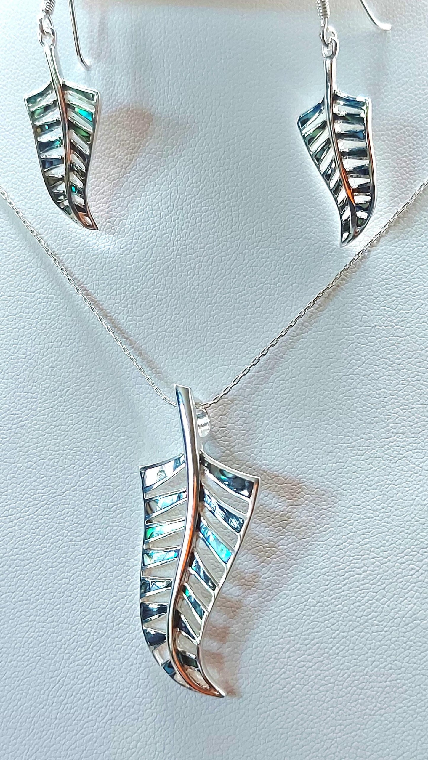 Silver Handmade Inlay Pendant/Earring Set Semi Precious Abalone Shell- Leaf