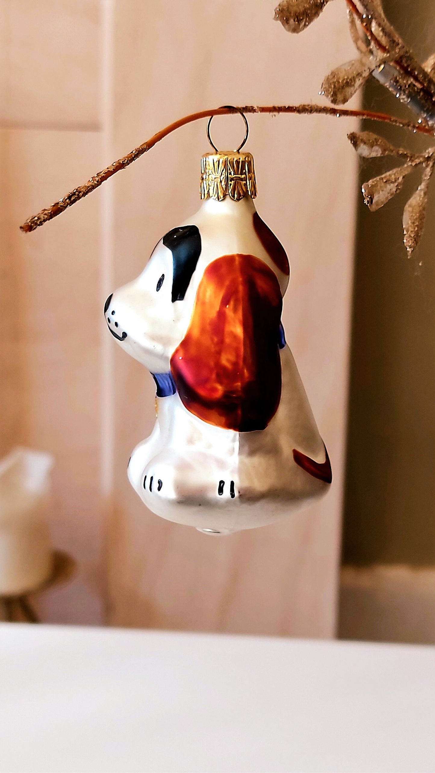 Vintage Czech Republic, Glass Blown, Hand Painted Christmas Tree Ornament - Dog
