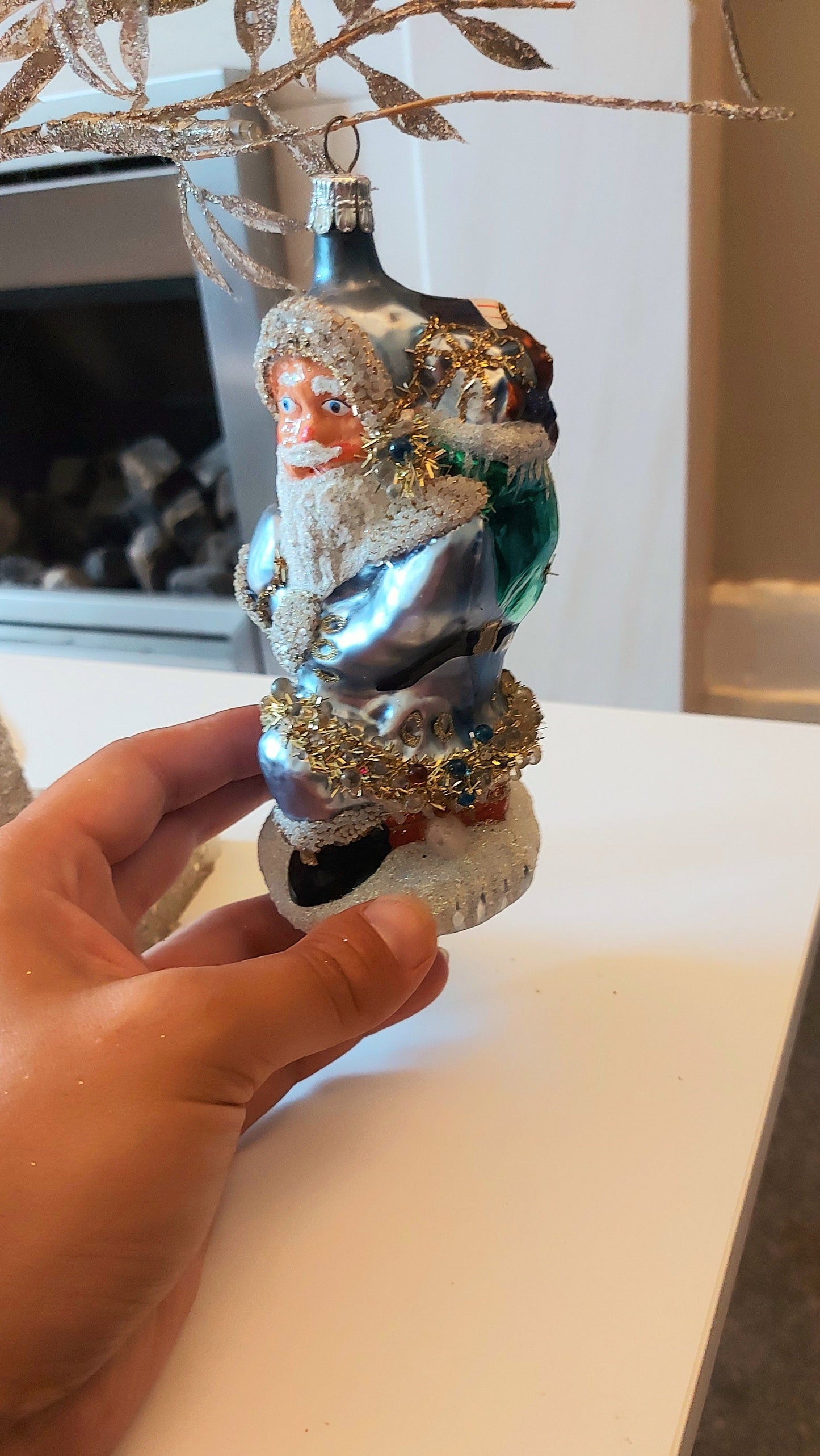 Vintage Czech Republic, Glass Blown, Hand Painted Christmas Tree Ornament - Large Santa Chimney Blue