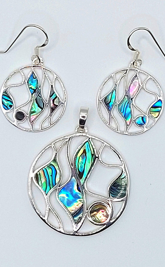 Silver Handmade Inlay Pendant/Earring Set Semi Precious Abalone Shell- Multi