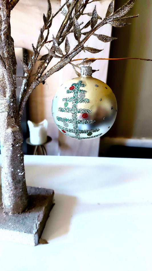 Vintage Czech Republic, Glass Blown, Hand Painted Christmas Tree Ornament decoration - Large Ball Bauble