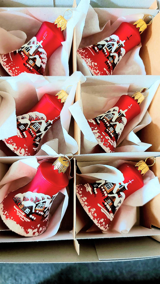 Czech Glass Christmas Bell Ornament: Hand-Painted House Motif set of 6