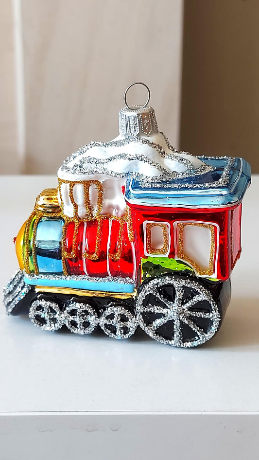 Vintage Czech Republic, Glass Blown, Hand Painted Christmas Tree Ornament - Train