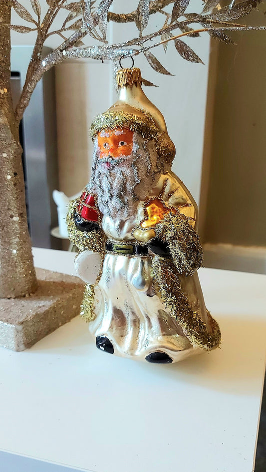 Vintage Czech Republic, Glass Blown, Hand Painted Christmas Tree Ornament - Very Large Santa