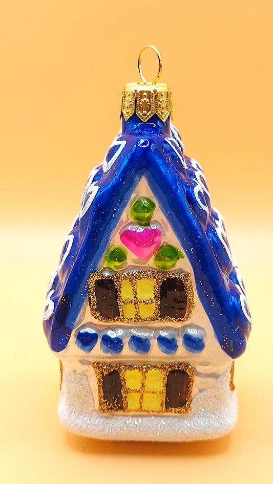 Vintage Czech Republic, Glass Blown, Hand Painted Christmas Tree Ornament - Ginger Bread House