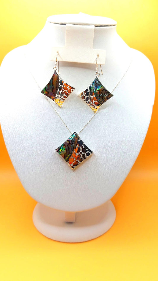 Silver Handmade Inlay Pendant/Earring Set Semi Precious Abalone Shell- Square
