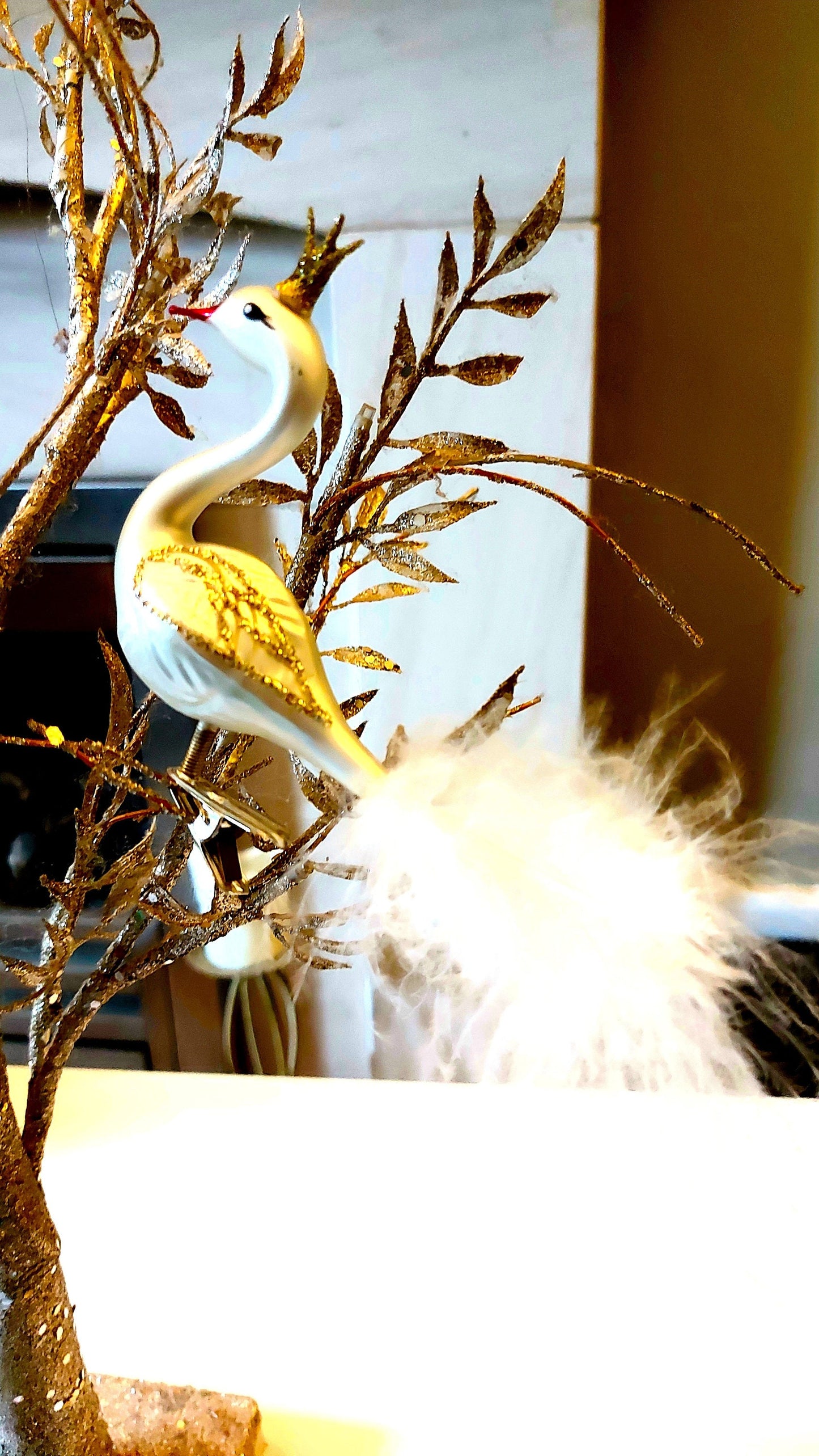 Vintage Czech Republic, Glass Blown, Hand Painted Christmas Tree Ornament - Swan with clip
