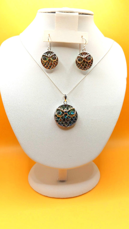 Silver Handmade Inlay Pendant/Earring Set Semi Precious Abalone Shell- Owl