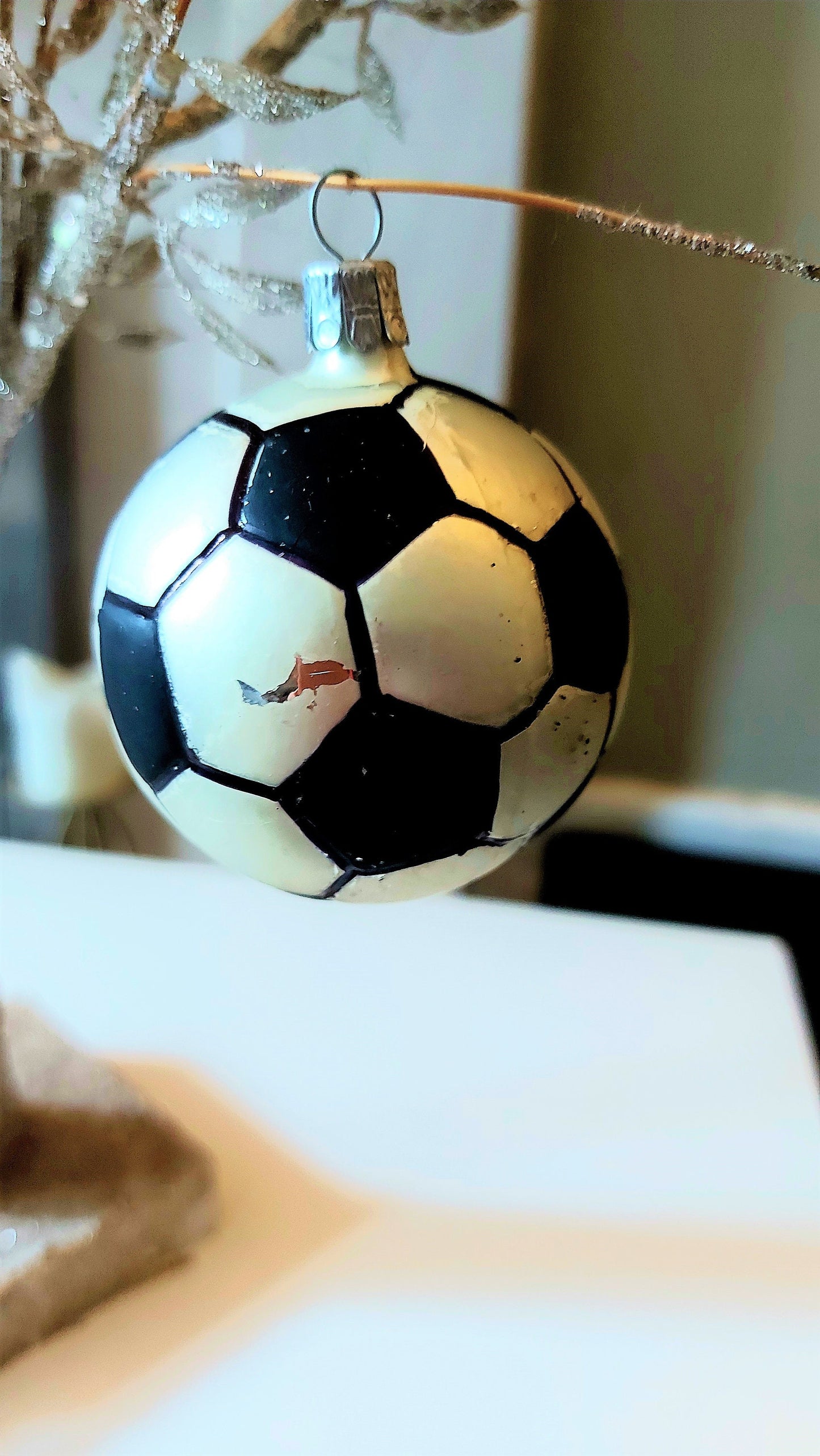 Vintage Czech Republic, Glass Blown, Hand Painted Christmas Tree Ornament - football