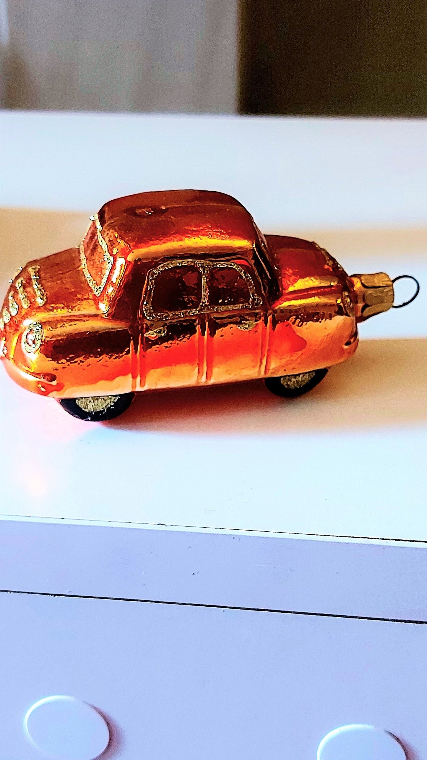 Vintage Czech Republic, Glass Blown, Hand Painted Christmas Tree Ornament - Car