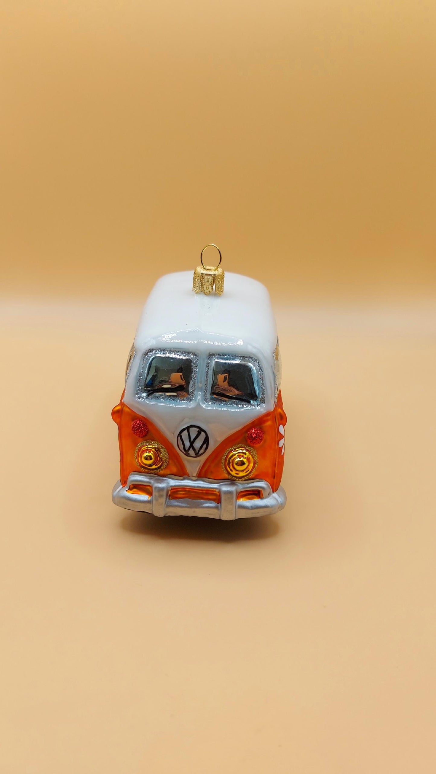 Vintage Czech Republic, Glass Blown, Hand Painted Christmas Tree Ornament - Orange Hippy Bus