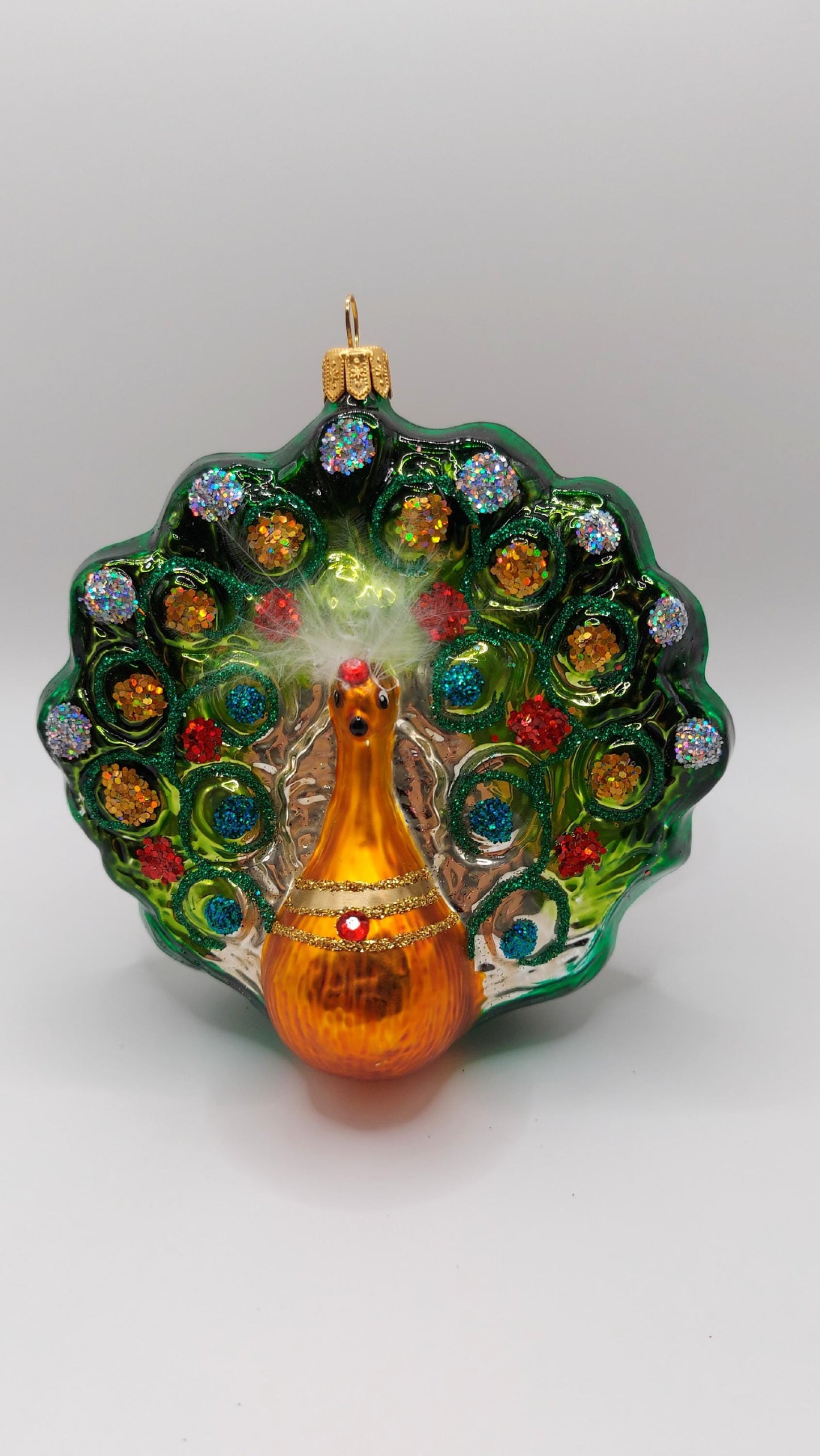 Vintage Czech Republic, Glass Blown, Hand Painted Christmas Tree Ornament - Peacock Green