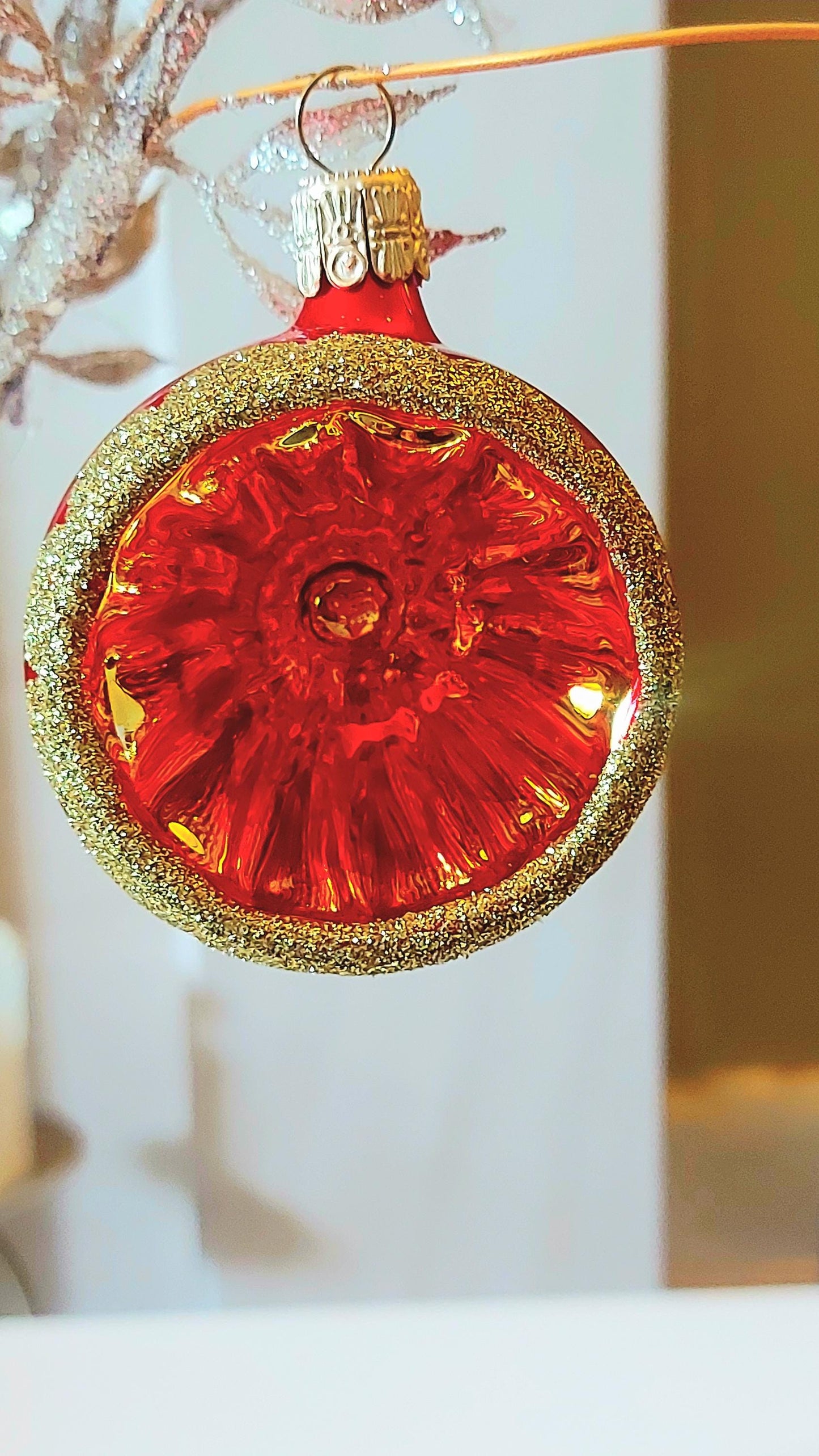 Vintage Czech Republic, Glass Blown, Hand Painted Christmas Tree Ornament - Red Retro Balls