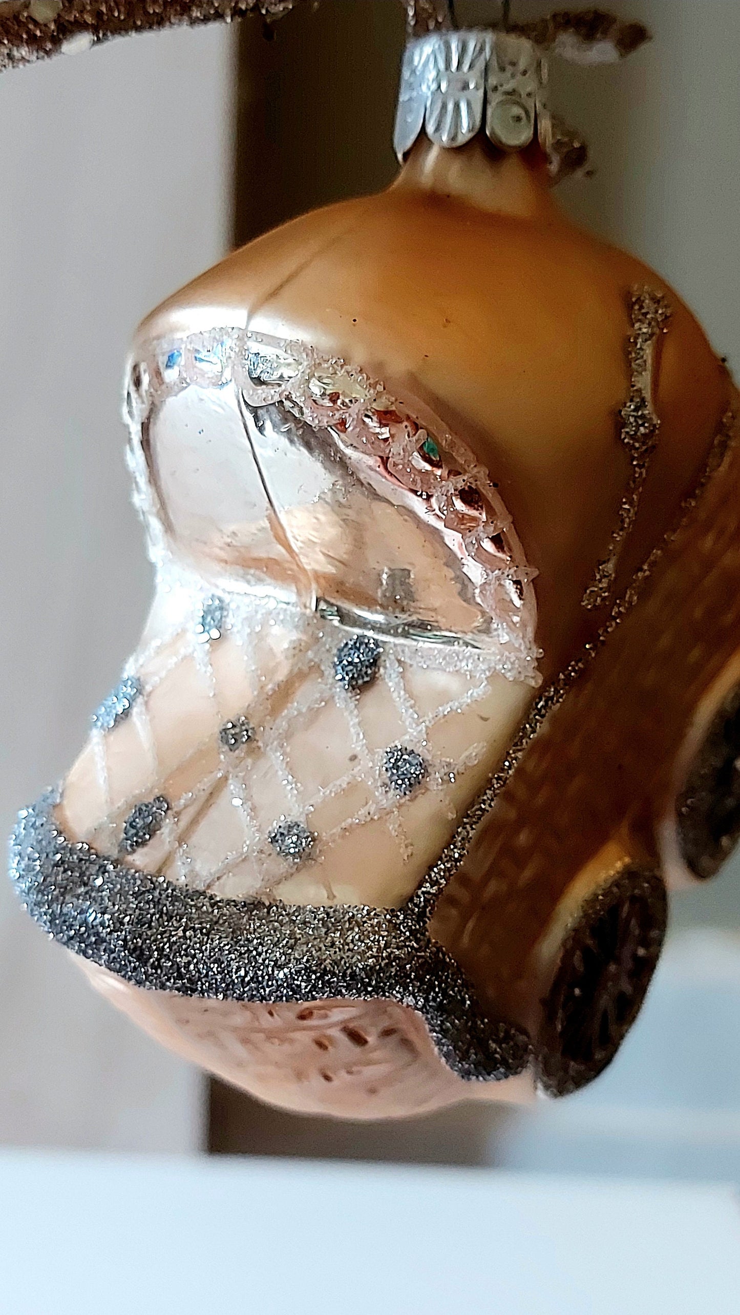 Vintage Czech Republic, Glass Blown, Hand Painted Christmas Tree Ornament - Pink Pram