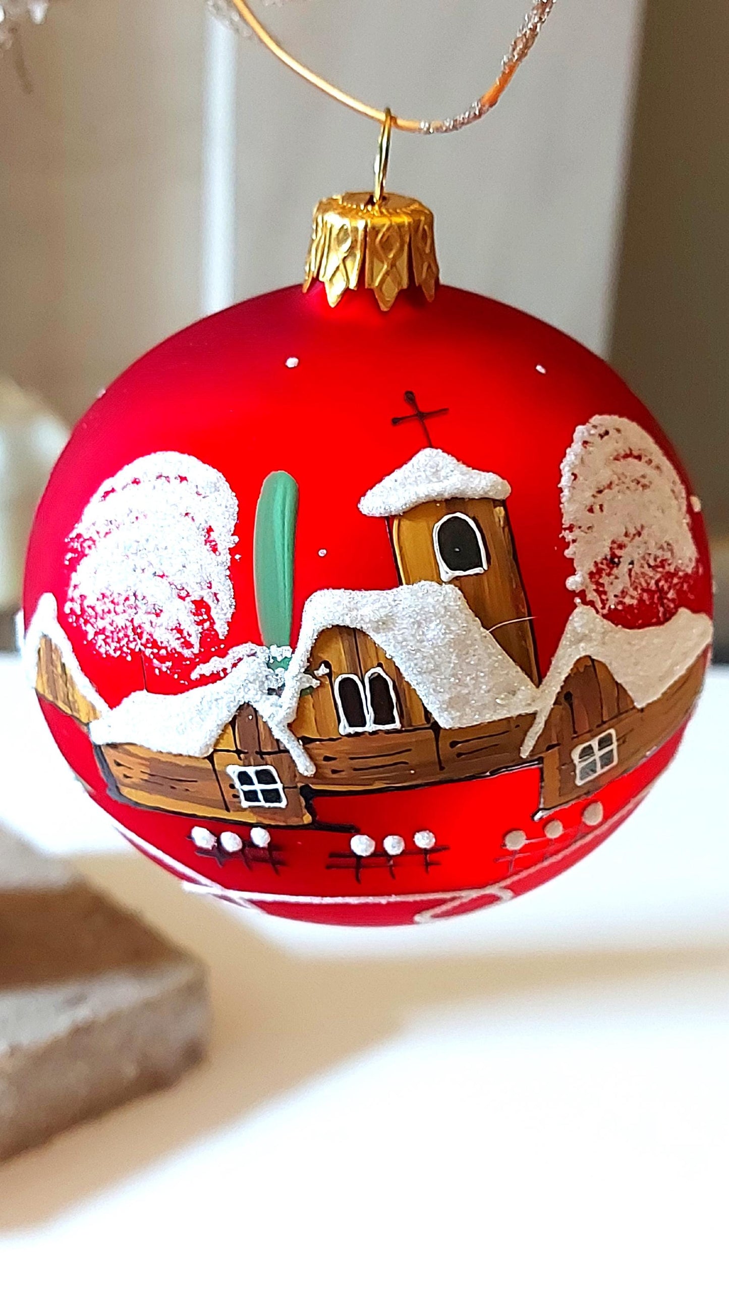 Vintage Czech Glass Christmas Ornament: Hand-Painted Red large Ball