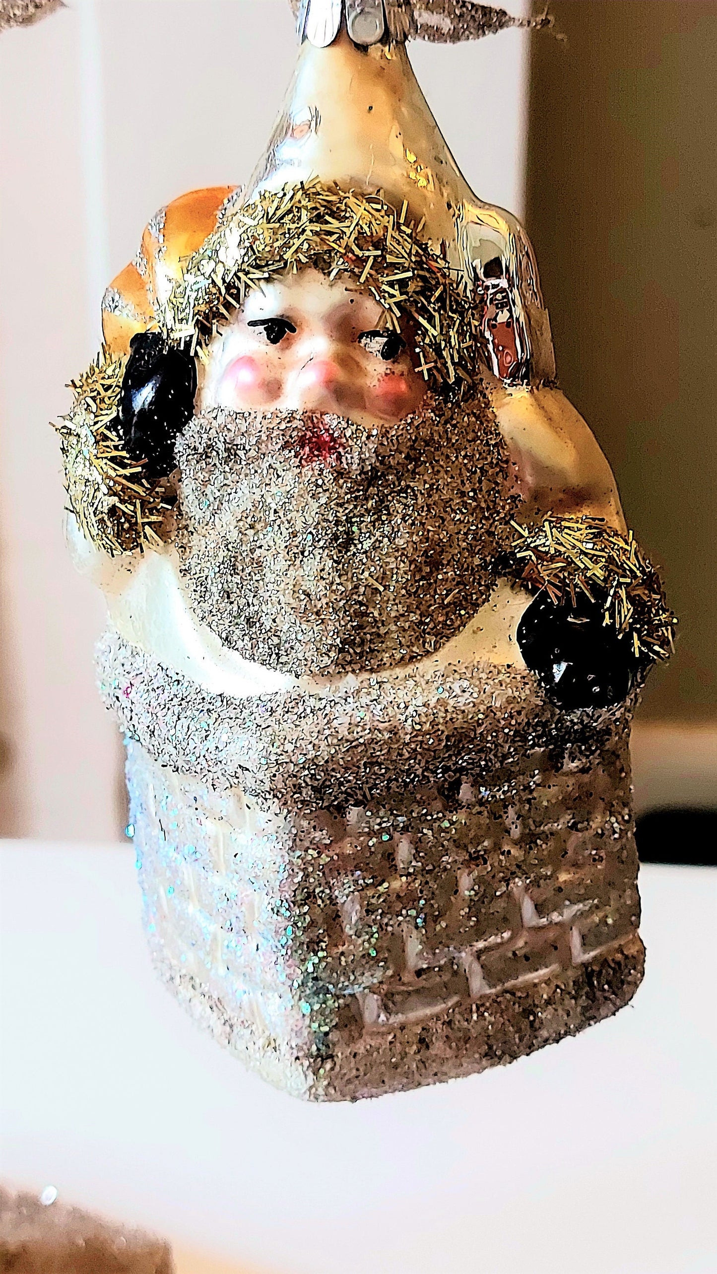 Vintage Czech Republic, Glass Blown, Hand Painted Christmas Tree Ornament - Large Santa in Chimney