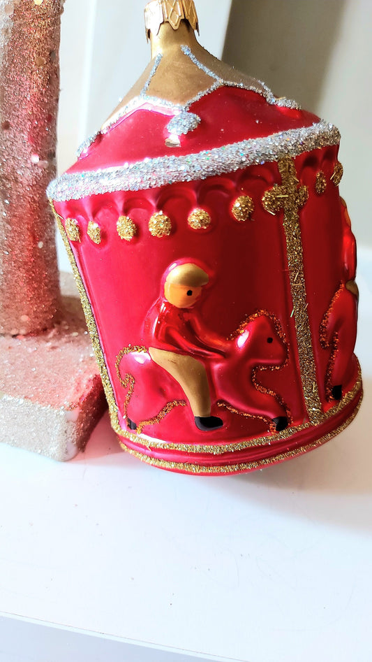 Vintage Czech Republic, Glass Blown, Hand Painted Christmas Tree Ornament - Large Carousel Red