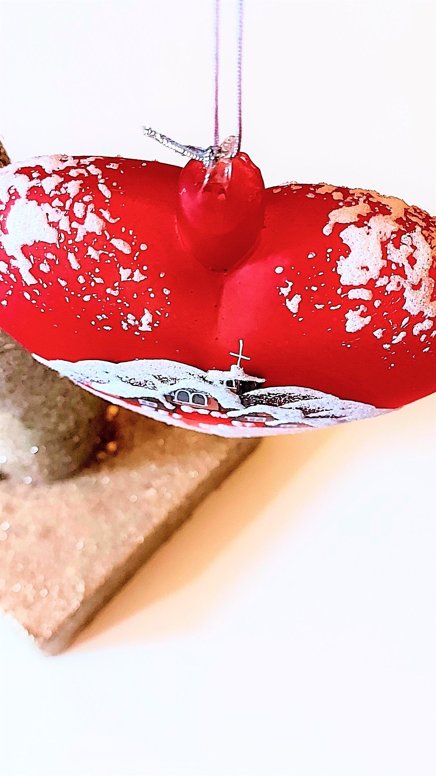 Vintage Czech Glass Christmas Ornament: Hand-Painted Red Heart House