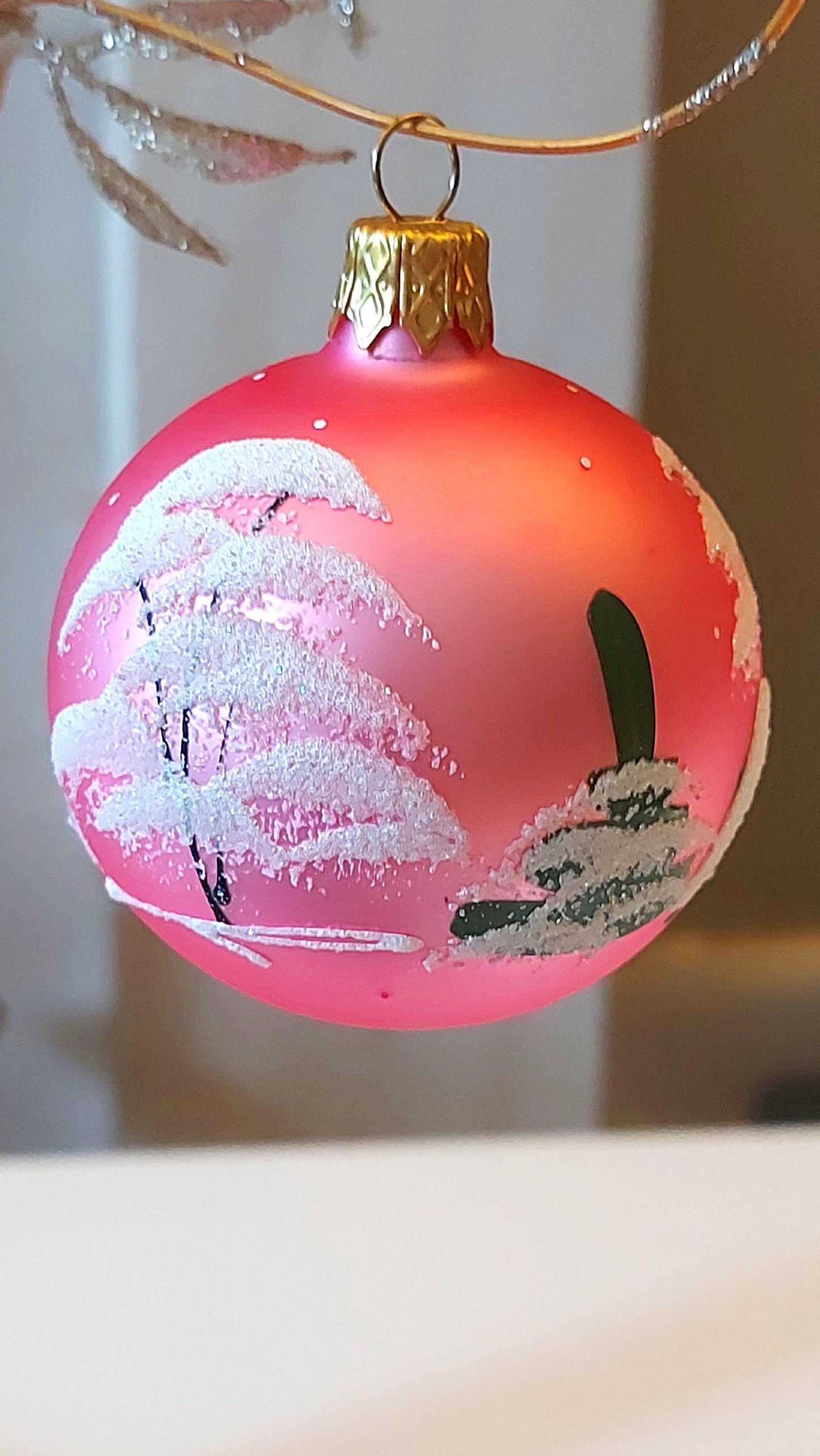 Vintage Czech Glass Christmas Ornament: Hand-Painted Pink Small Ball