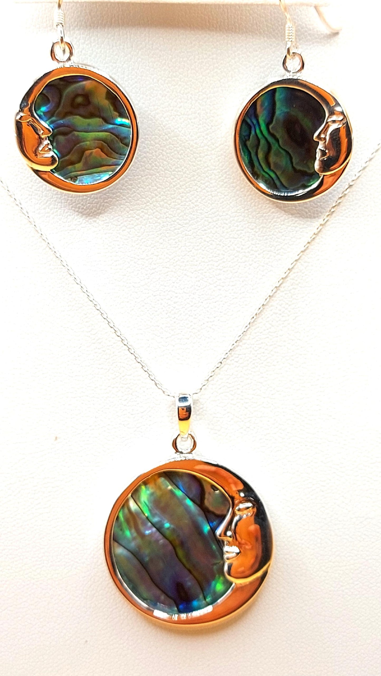 Silver Handmade Inlay Pendant/Earring Set Semi Precious Abalone Shell- Moon