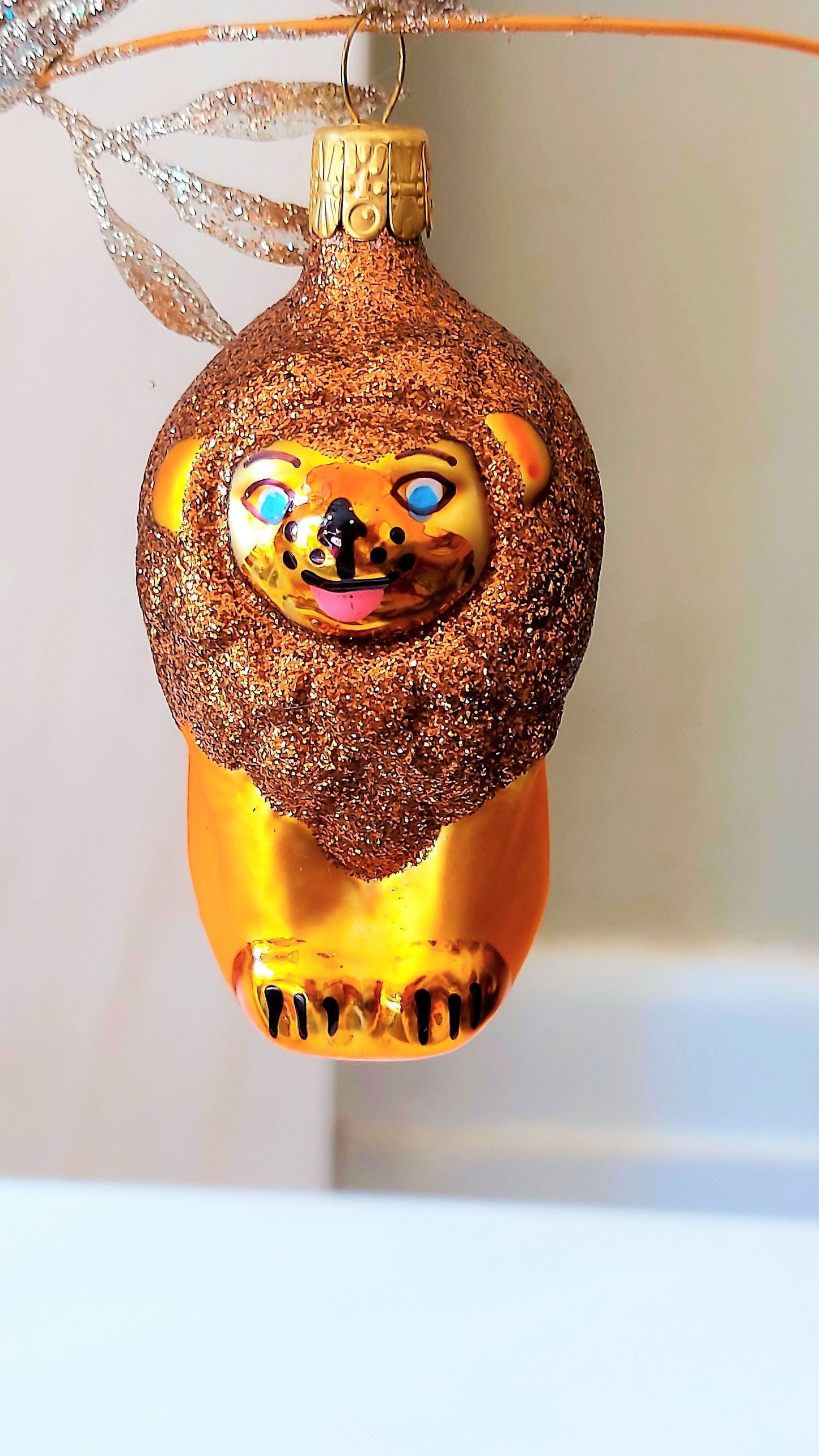 Vintage Czech Republic, Glass Blown, Hand Painted Christmas Tree Ornament - Lion