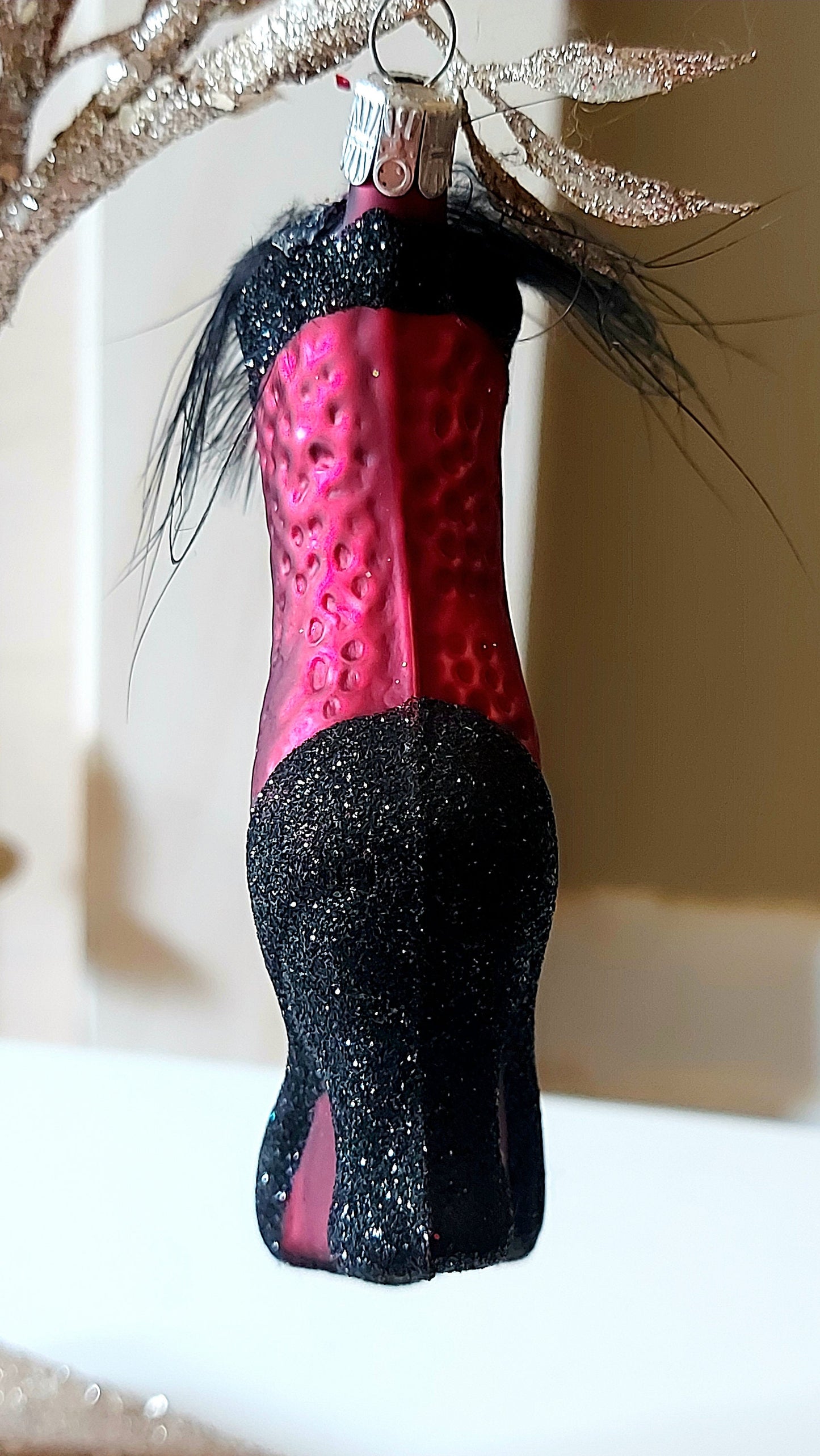 Vintage Czech Republic, Glass Blown, Hand Painted Christmas Tree Ornament - Boot Pink