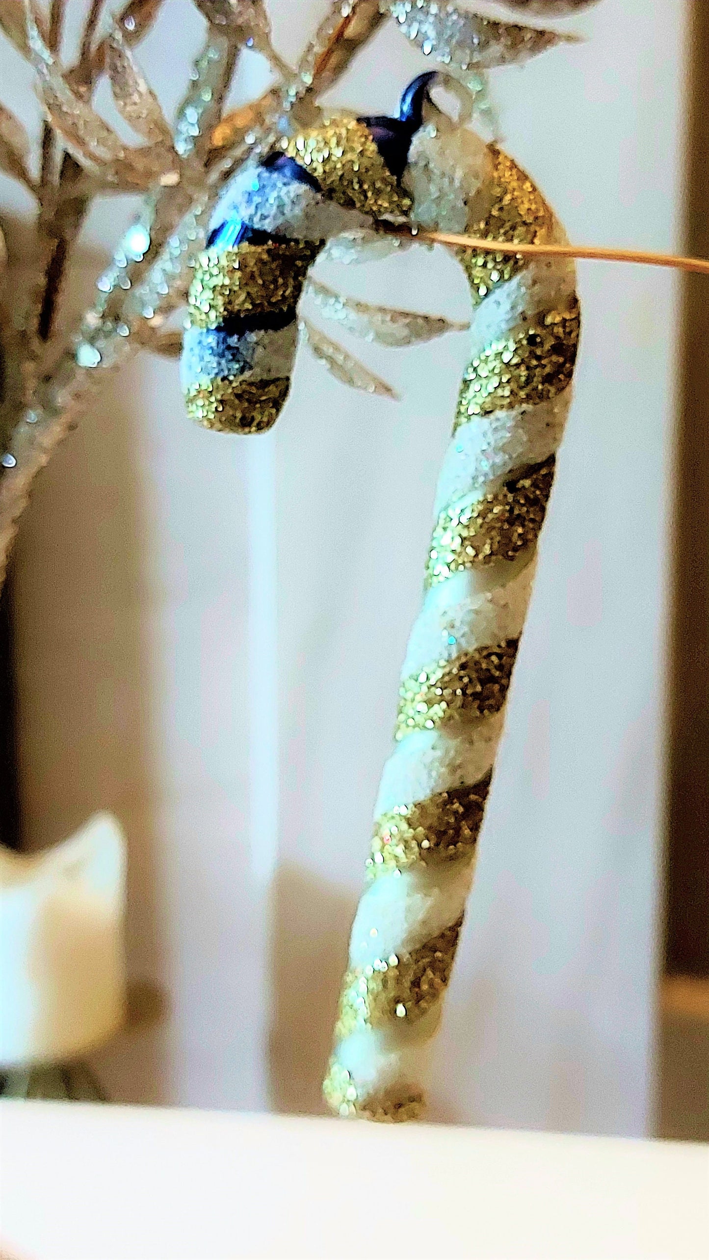 Vintage Czech Republic, Glass Blown, Hand Painted Christmas Tree Ornament - Small  Candy Cane