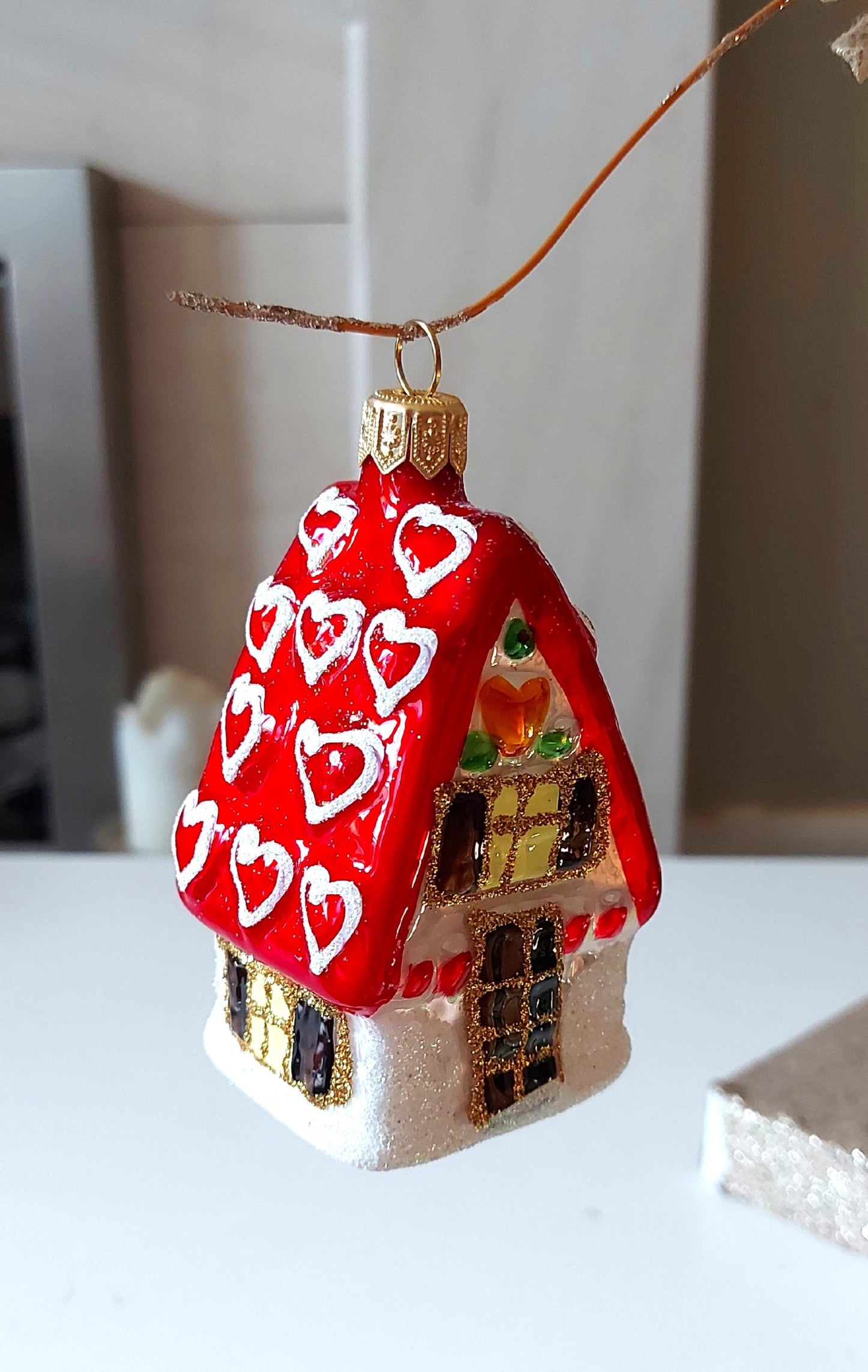 Vintage Czech Republic, Glass Blown, Hand Painted Christmas Tree Ornament - Ginger Bread House