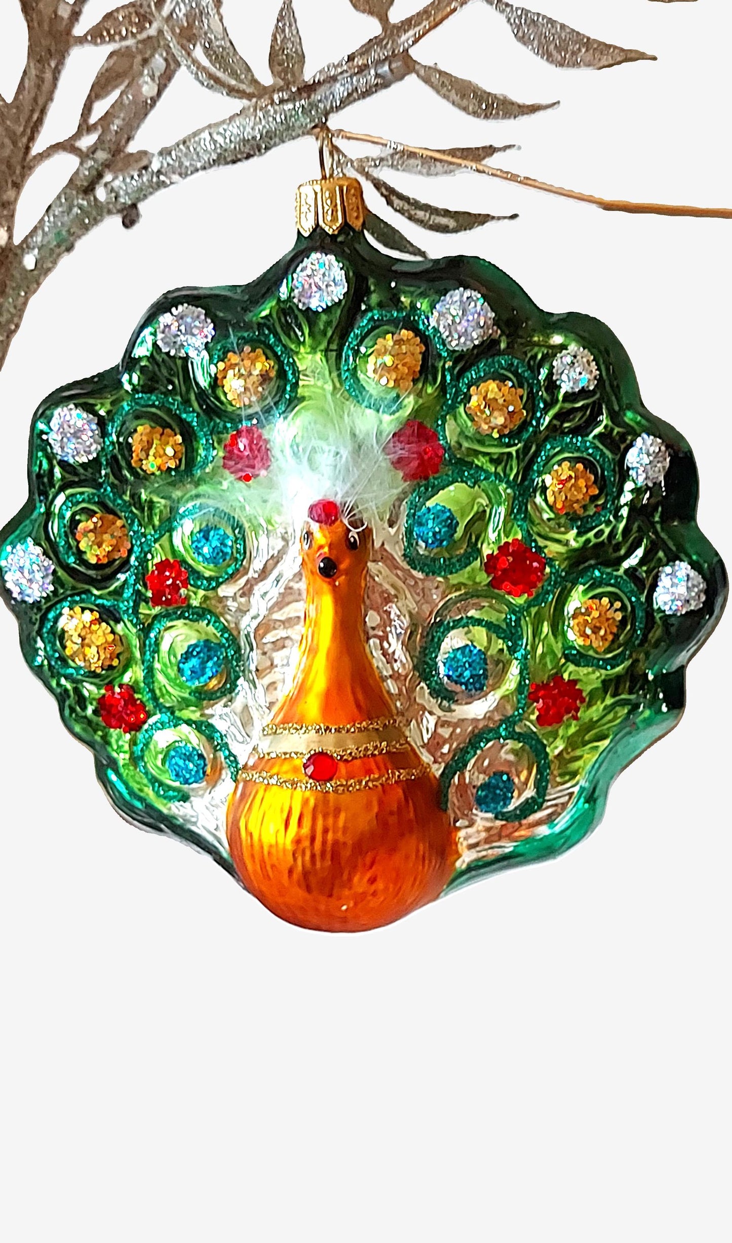 Vintage Czech Republic, Glass Blown, Hand Painted Christmas Tree Ornament - Peacock Green