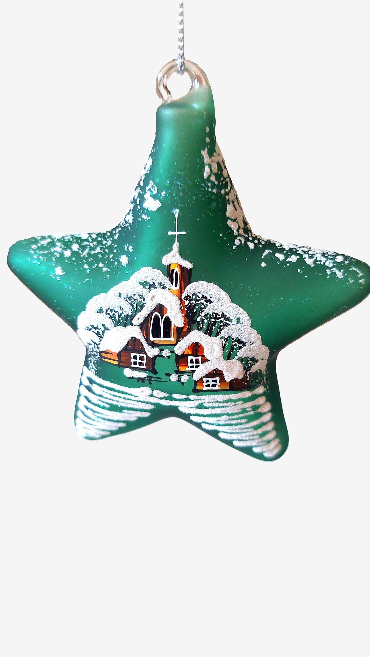 Vintage Czech Glass Christmas Ornament: Hand-Painted Green Star, House Motif