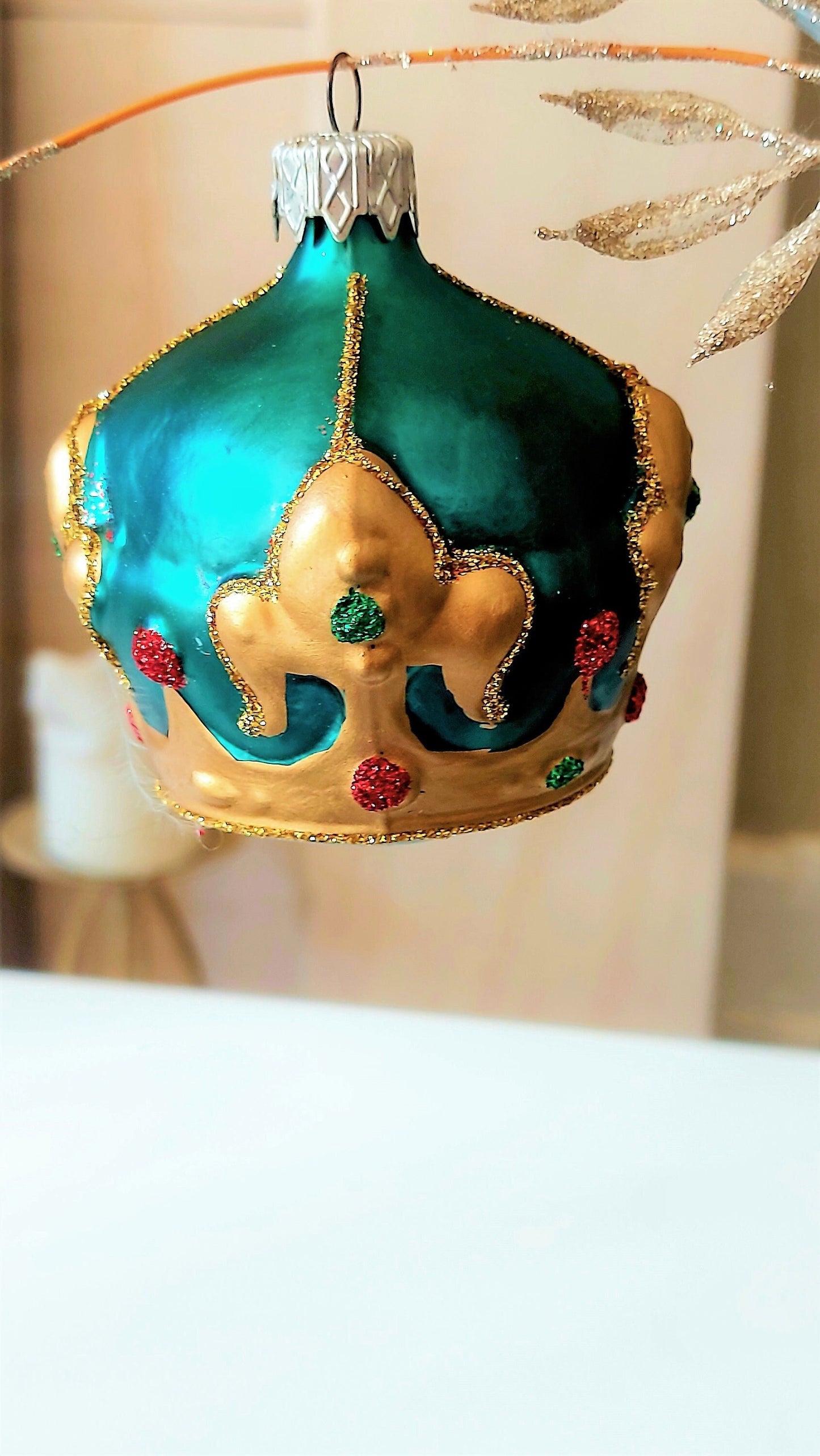 Vintage Czech Republic, Glass Blown, Hand Painted Christmas Tree Ornament - Crown