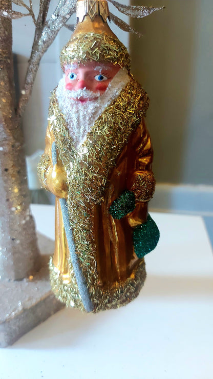 Vintage Czech Republic, Glass Blown, Hand Painted Christmas Tree Ornament - Large Santa Gold