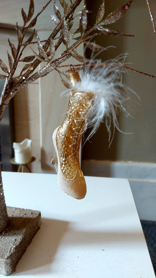 Vintage Czech Republic, Glass Blown, Hand Painted Christmas Tree Ornament - Boot Gold