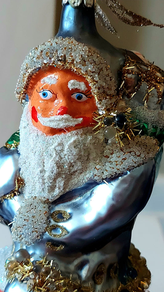 Vintage Czech Republic, Glass Blown, Hand Painted Christmas Tree Ornament - Large Santa Chimney Blue