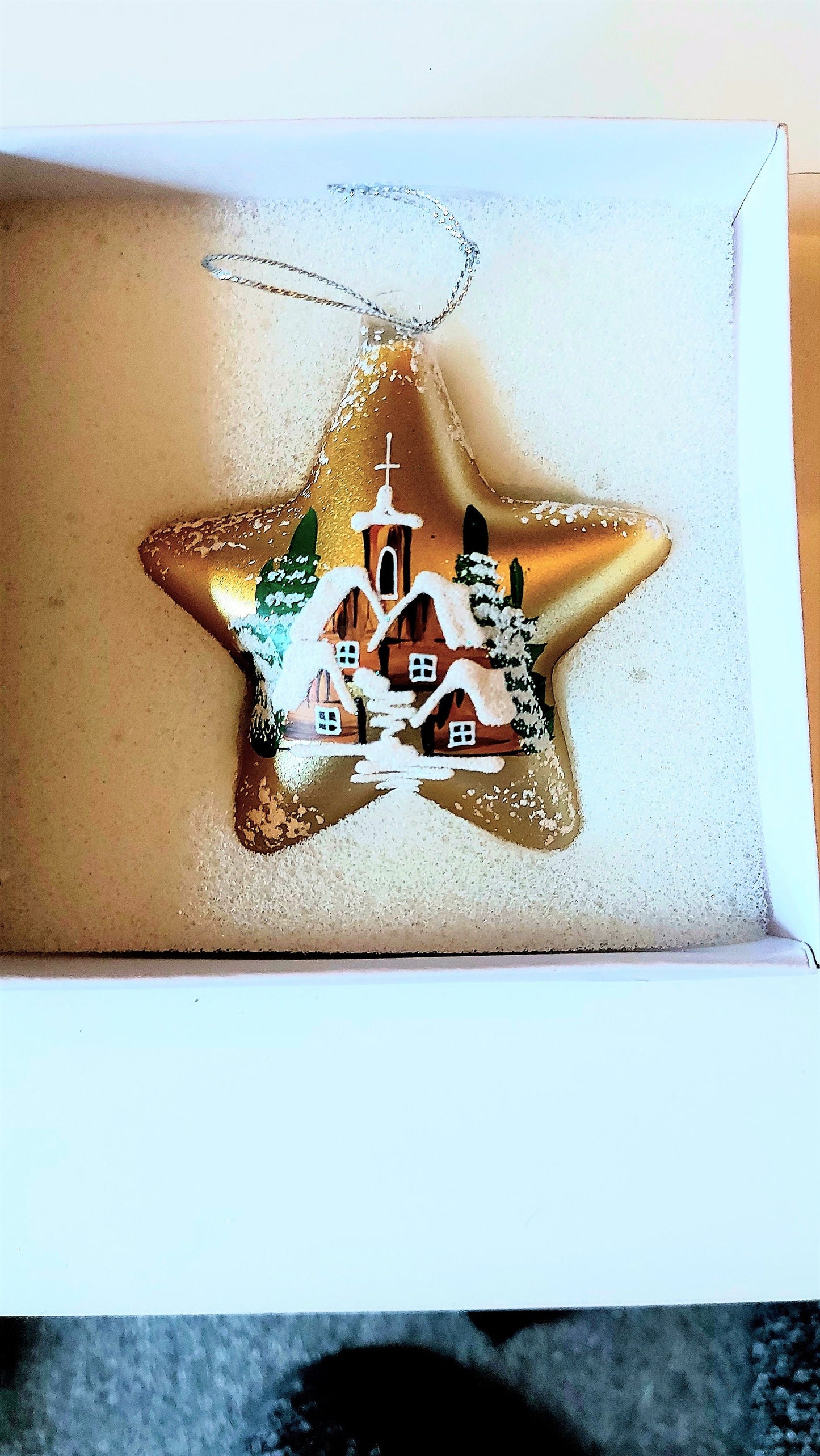 Vintage Czech Glass Christmas Ornament: Hand-Painted Gold Star, House Motif