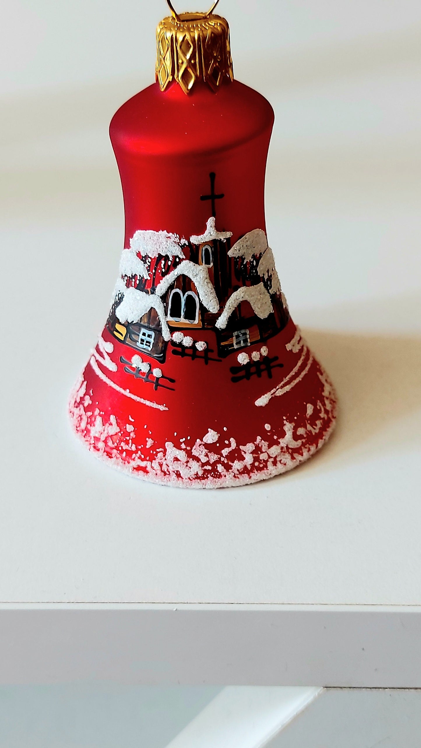 Vintage Czech Glass Christmas Bell Ornament: Hand-Painted House Motif
