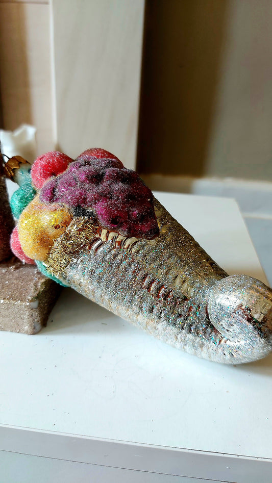Vintage Czech Republic, Glass Blown, Hand Painted Christmas Tree Ornament - Large Fruit Cone Silver