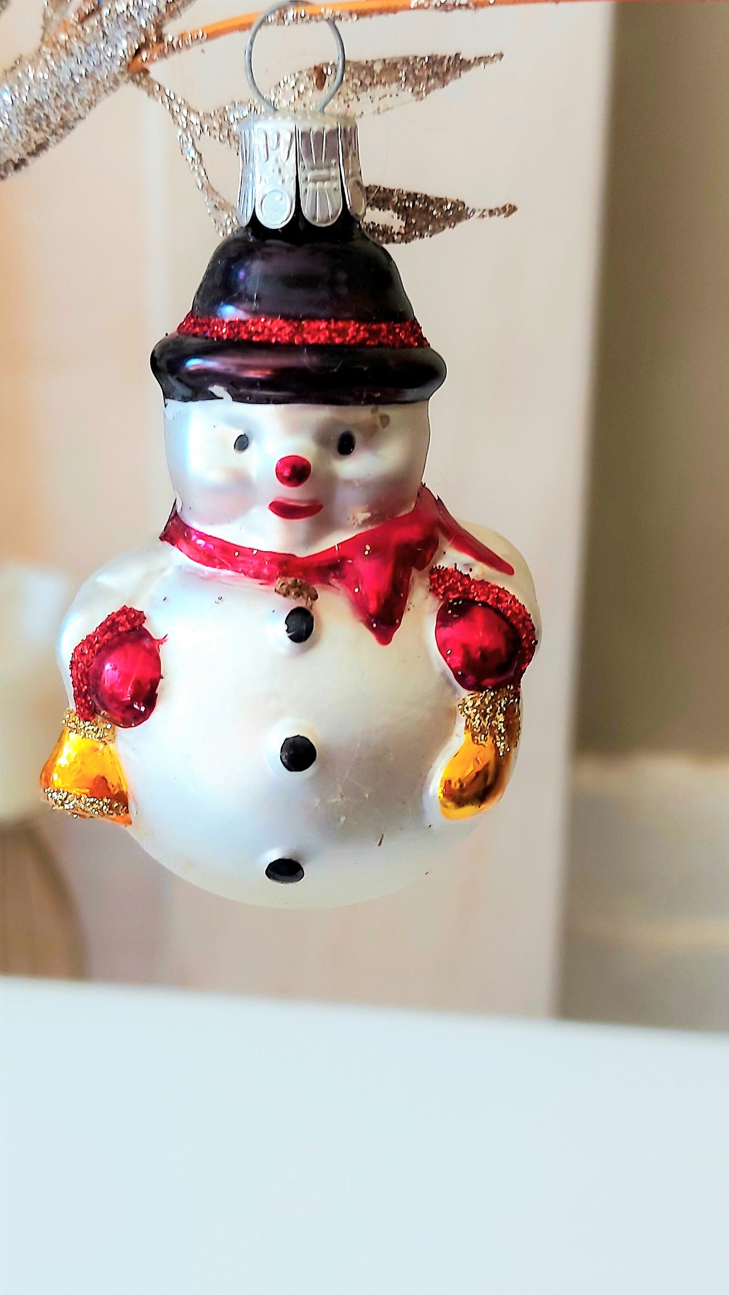 Vintage Czech Glass Snowman Christmas Ornament with Bowler Hat (Pair)