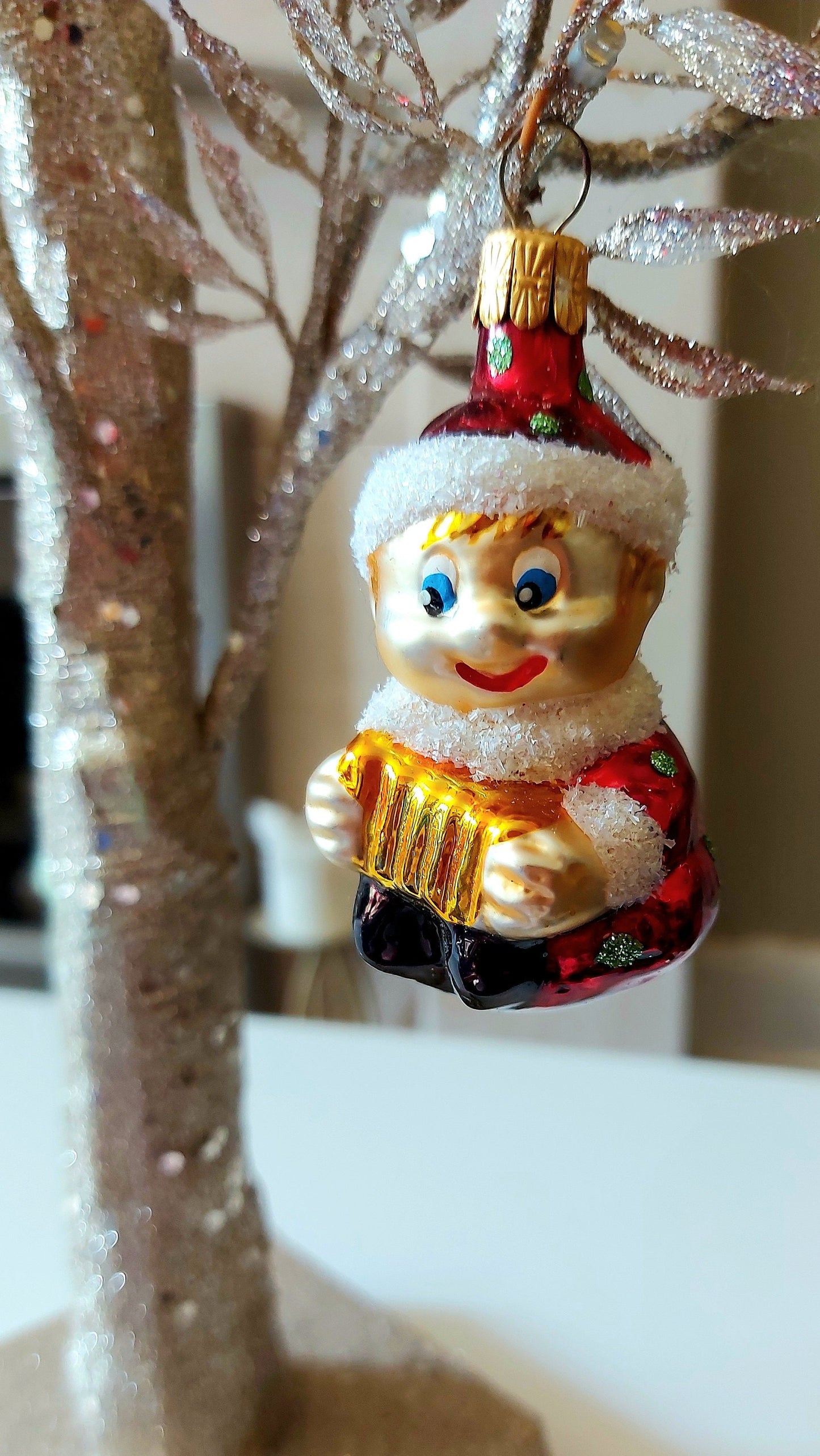Vintage Czech Republic, Glass Blown, Hand Painted Christmas Tree Ornament - Gnome Musician